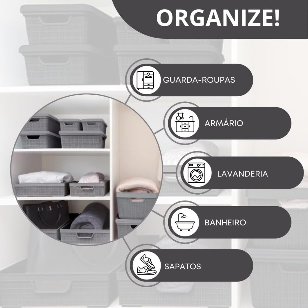 Kit 5 Caixa Organizadora com Tampa Cesto Grande em Plástico 1,8 L 5 L 15 L - Rv-Ecommerce
