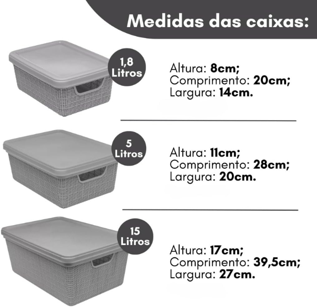 
Kit 5 Caixa Organizadora com Tampa Cesto Grande em Plástico 1,8 L 5 L 15 L - Rv-Ecommerce