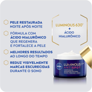 NIVEA Tratamento Facial Complexo de Reparação Noturna Luminous 630 - Proporciona hidratação intensa durante a noite e reduz marcas escurecidas - 50ml