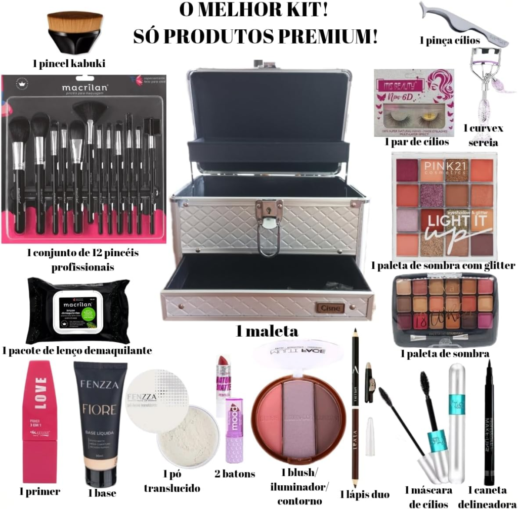 Kit Maleta de Maquiagem Completa Qualidade Premium, 12 Pinceis Profissional Macria + kit de Maquiagem + Kit de Acessorios - COR DA BASE MÉDIA